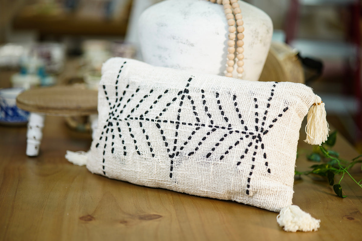 Rectangular Artisanal Cushion with Tassels – Beige with Black Geometric Embroidery