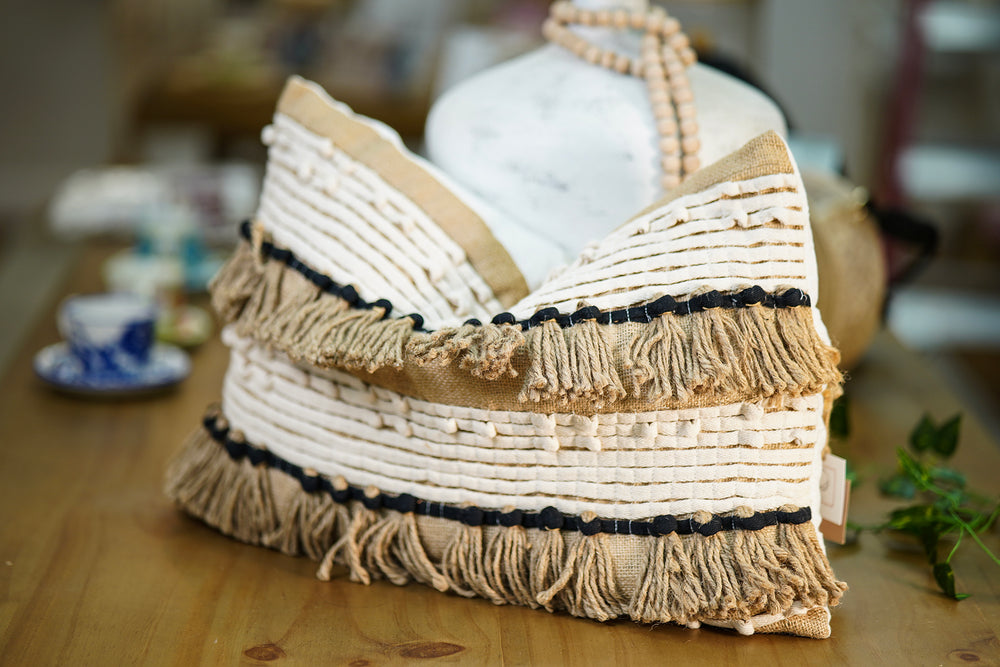 Artisanal Cushion with Fringes – Beige, White &amp; Black