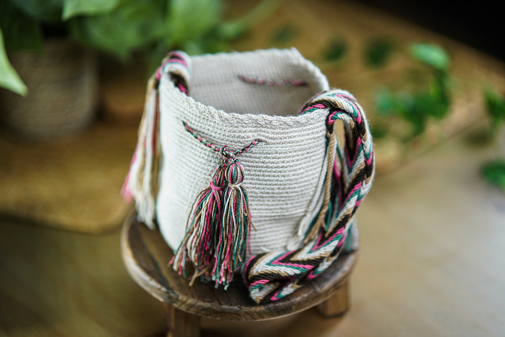 Handmade Beige Bag with Multicolor Strap