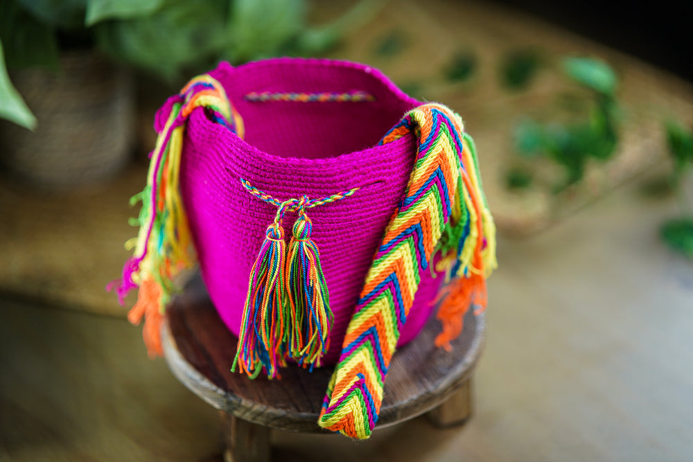Handmade Fuchsia Bag with Multicolor Strap