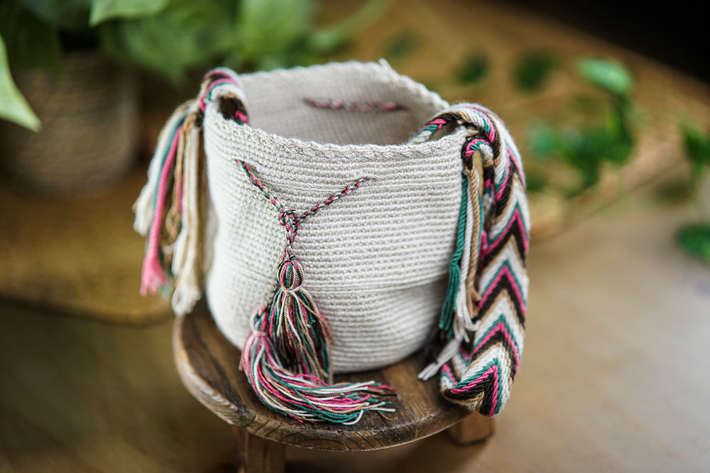 Handmade Beige Bag with Multicolor Strap