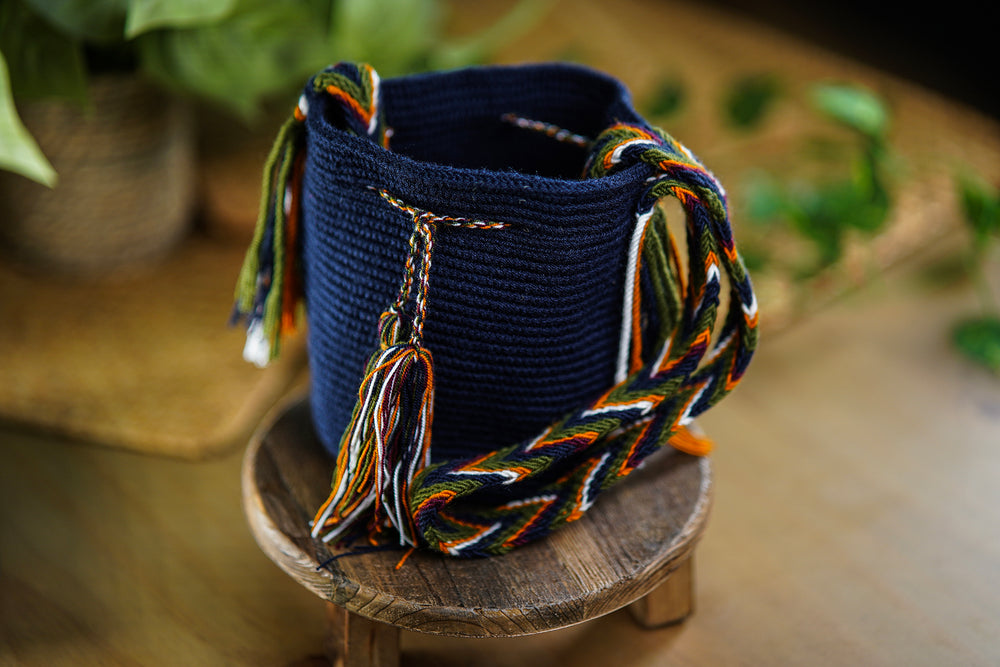 Handmade Navy Blue Bag with Multicolor Strap